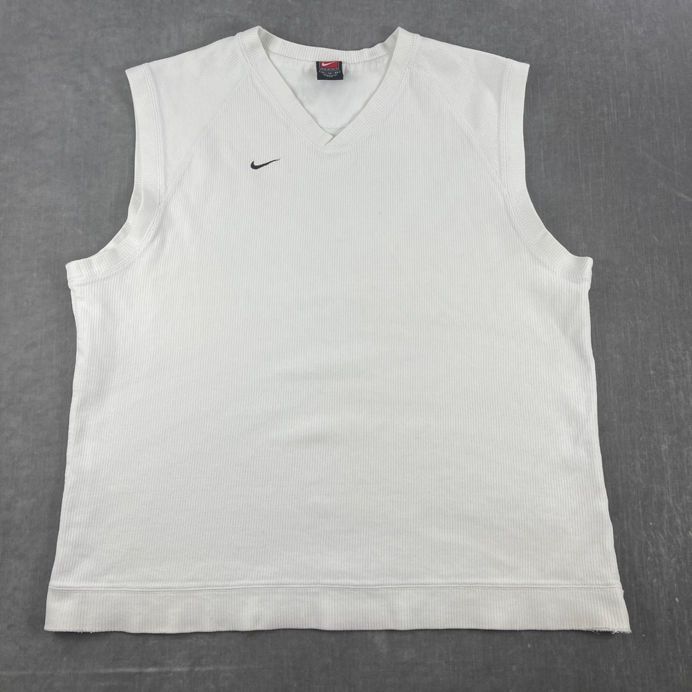 Nike‎ Men XL White Sweater Vest Ribbed V-Neck Embroidered Swoosh Vintage